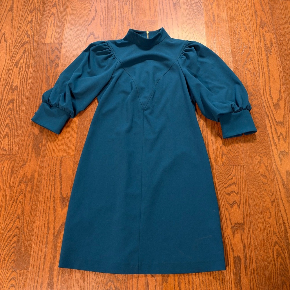 Calvin Klein Teal Puff Sleeve Mock Neck A-Line Mini Dress Size 6 Gold Zipper